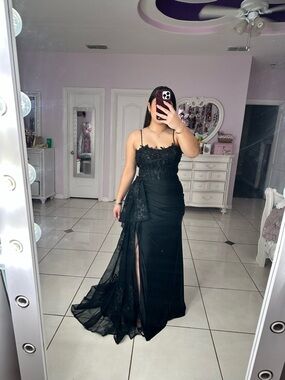 May Queen Black Lace Prom Gown with Side Swag